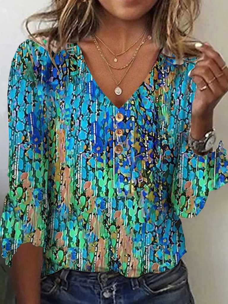 Fashion Half Sleeve V Neck Random Print Loose Regular T-Shirt