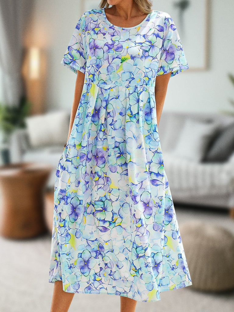 Fashion Short Sleeve Crew Neck Floral Ruched Loose Midi Dress