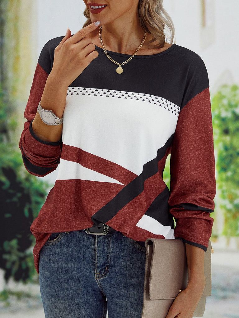 Fashion Crew Neck Long Sleeve Color Block Loose Regular T-Shirt