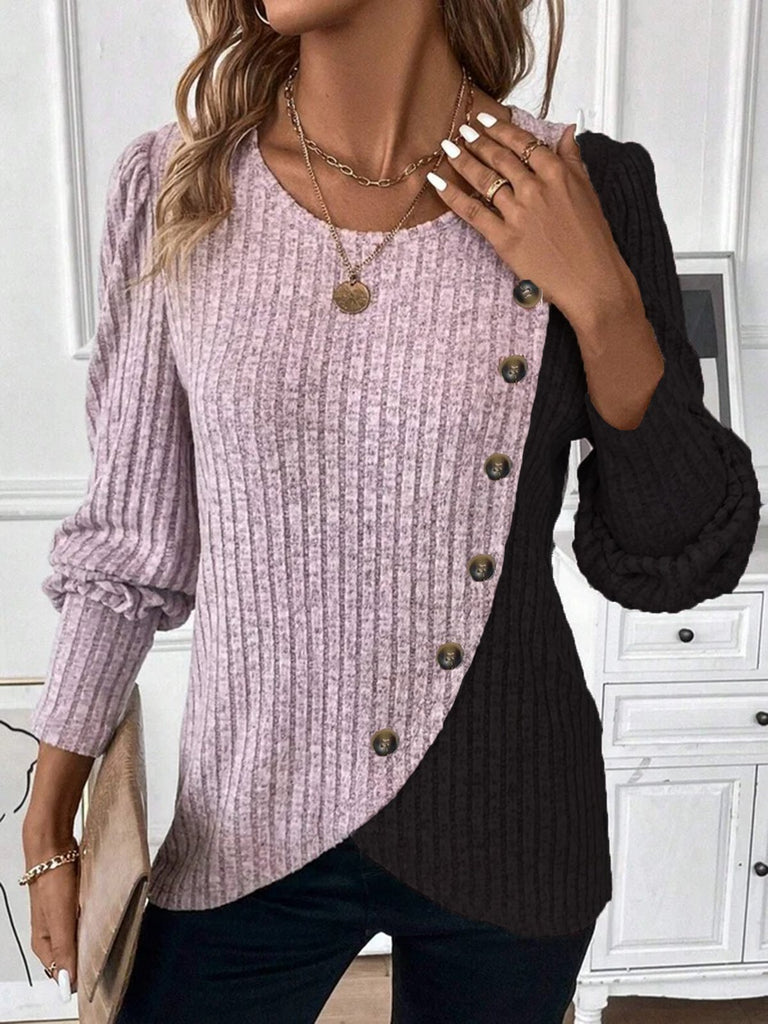 Fashion Crew Neck Long Sleeve Color Block Loose Regular Blouses