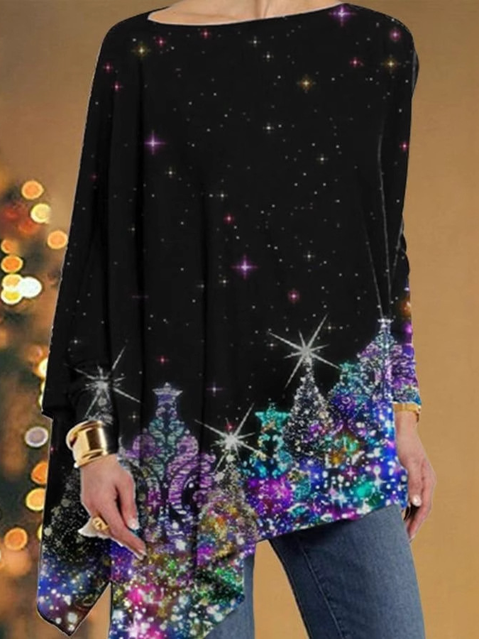 Loose Crew Neck Long Sleeve Ethnic Floral Fashion Mid-Long Blouses