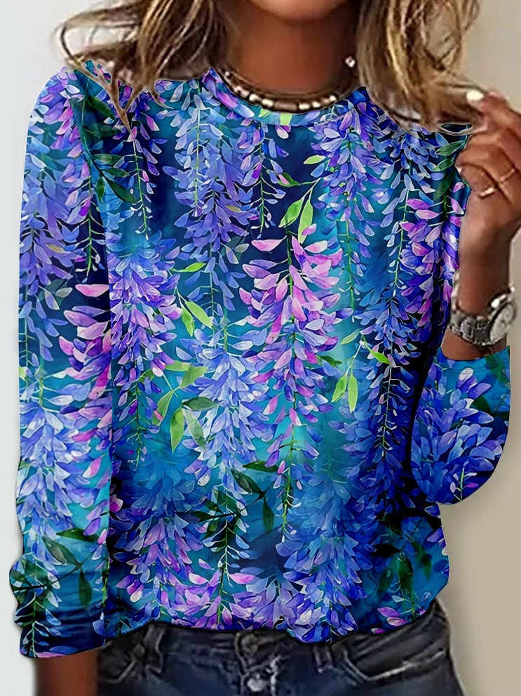 Simple Crew Neck Long Sleeve Blue Floral Regular Blouses