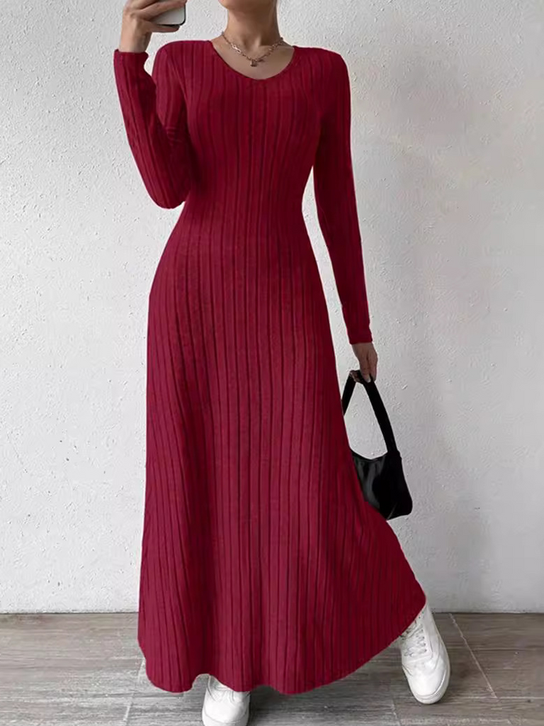 Fashion Crew Neck Long Sleeve Plain Maxi Dress