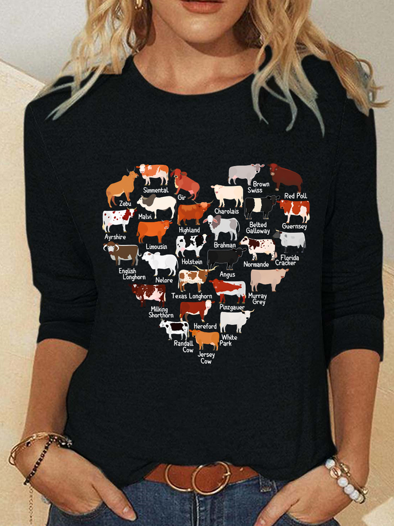 Fashion Crew Neck Long Sleeve Text Letters Loose Regular Blouse