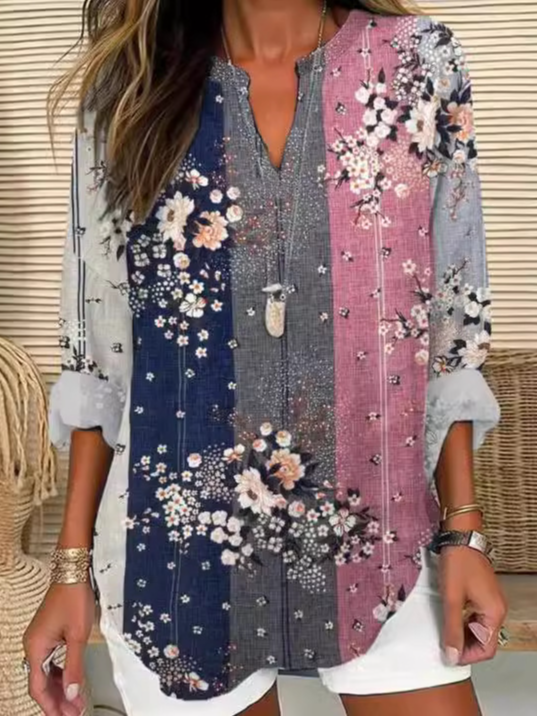 Fashion Long Sleeve Notched Floral Loose Regular Blouse