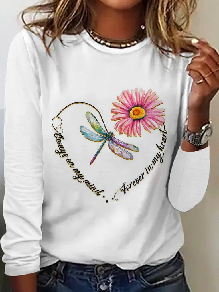 Fashion Crew Neck Long Sleeve Daisy Loose Regular T-Shirt