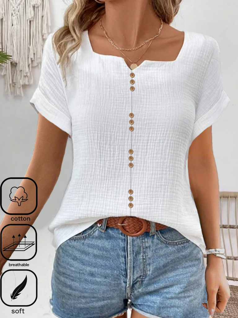 Loose Short Sleeve Notched Plain Fashion Regular Blouse