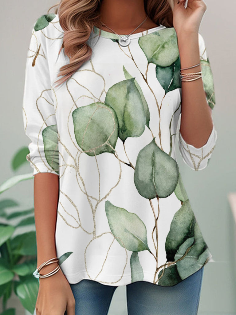 Casual Crew Neck Long Sleeve Leaf Fashion Regular T-Shirt