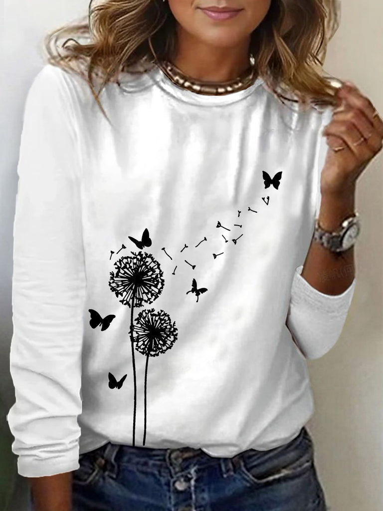 Fashion Crew Neck Long Sleeve Dandelion Casual Regular T-Shirt
