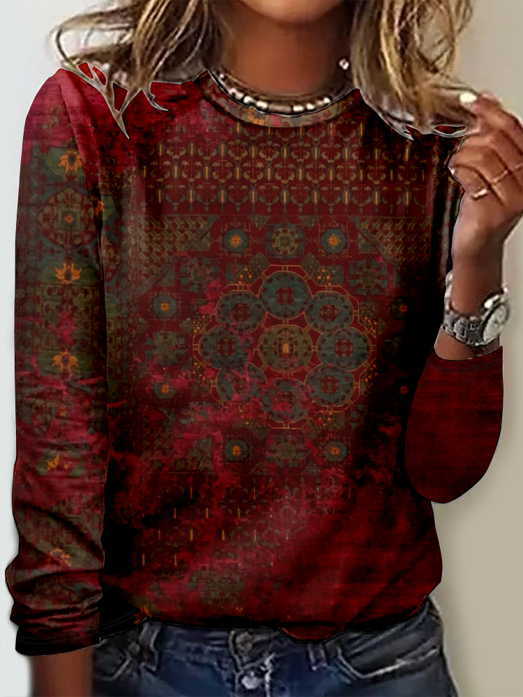 Casual Crew Neck Long Sleeve Ethnic Fashion Regular T-Shirt