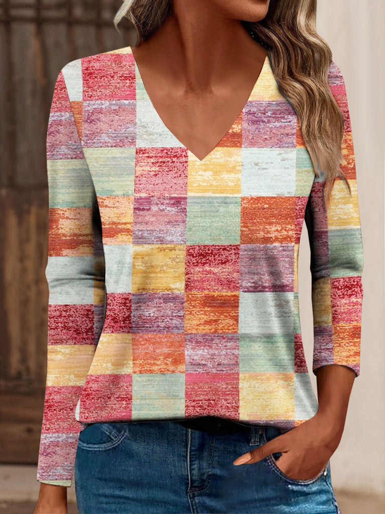 Fashion V Neck Long Sleeve Plaid Loose Regular T-Shirt