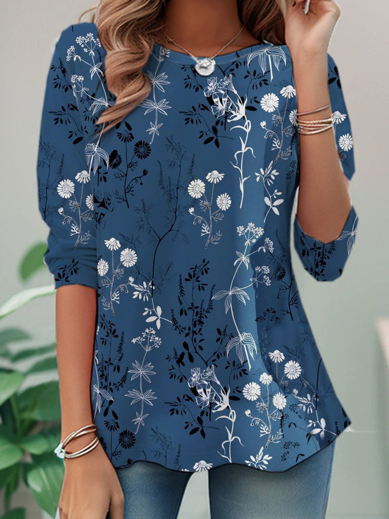 Fashion Crew Neck Long Sleeve Floral Casual Regular T-Shirt