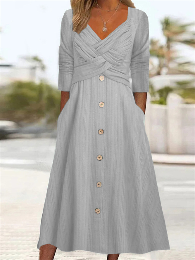 Fashion V Neck Long Sleeve Plain Loose Midi Dress