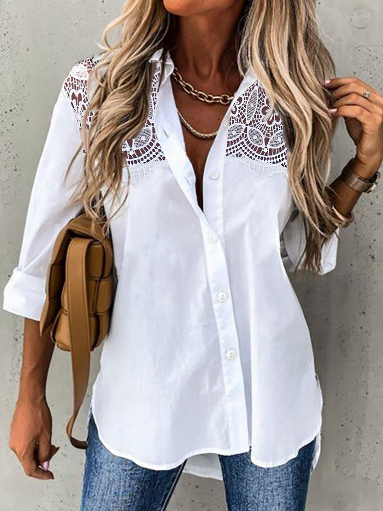 Fashion Long Sleeve Shirt Collar Plain Loose Regular Shirt
