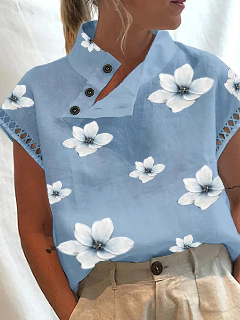 Loose Short Sleeve Asymmetrical Floral Fashion Regular Blouse