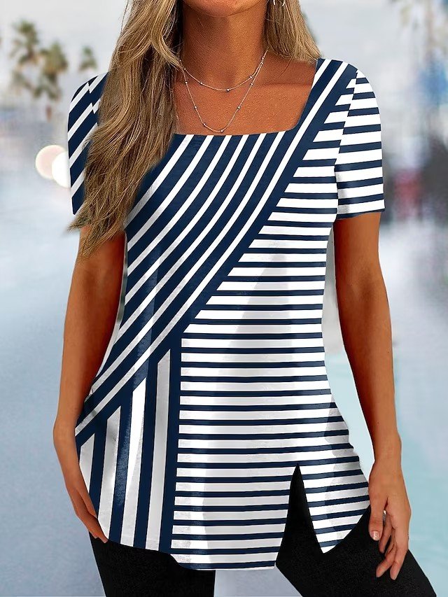 Fashion Short Sleeve Square Neck Striped Loose Regular T-Shirt