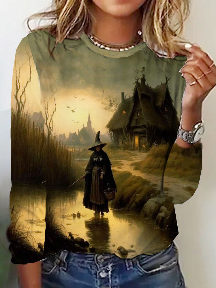 Fashion Crew Neck Long Sleeve Halloween Casual Regular T-Shirt