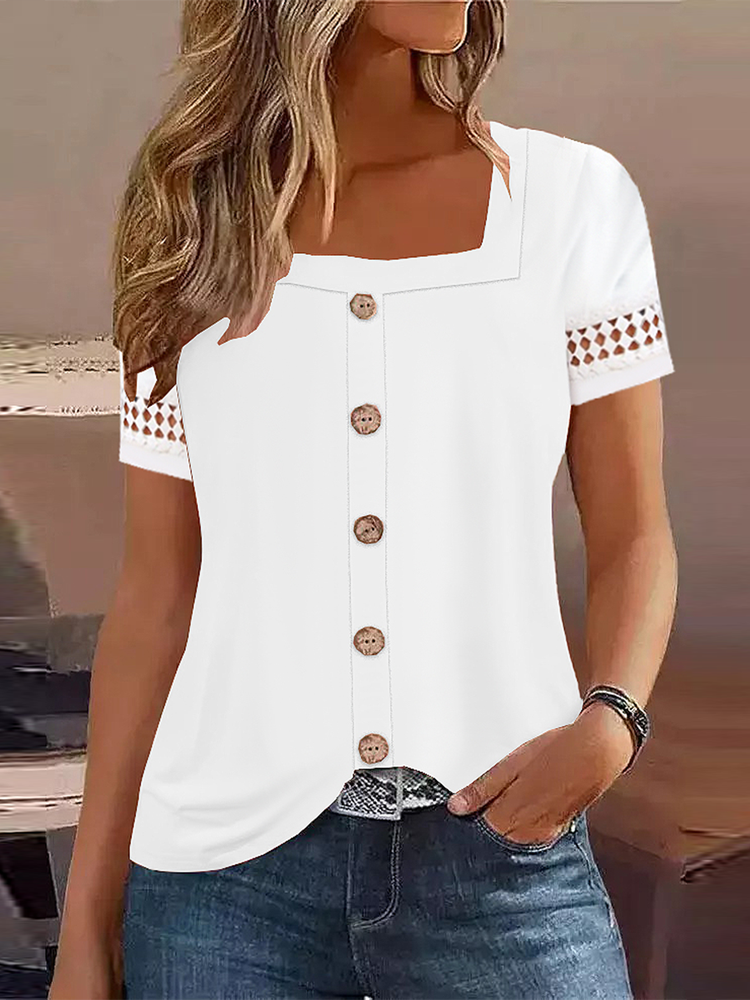 Loose Short Sleeve Square Neck Plain Fashion Regular Blouses