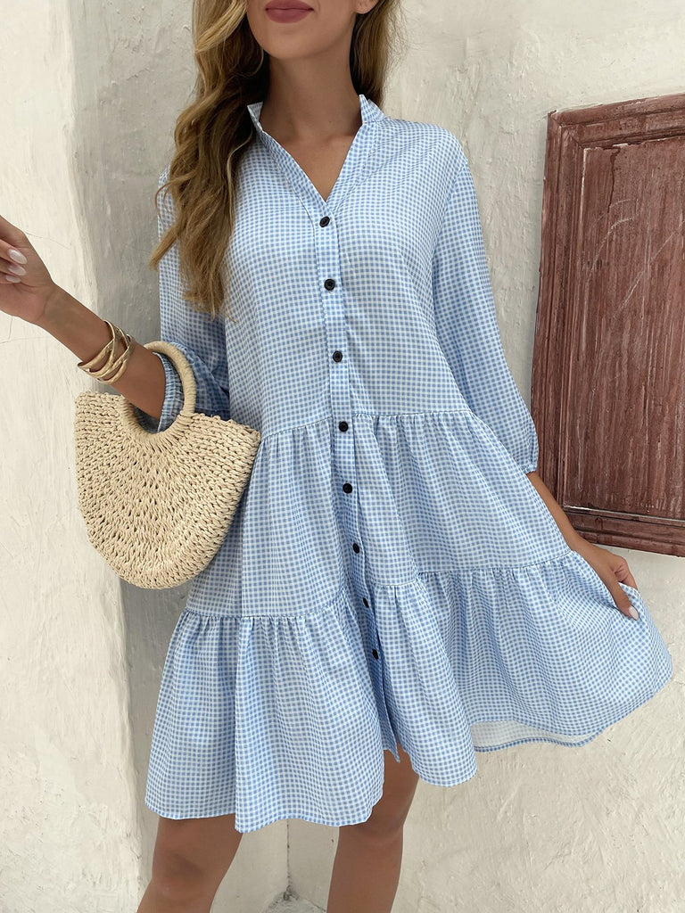 Fashion 3/4 Sleeve Stand Collar Plaid Loose Short Dress
