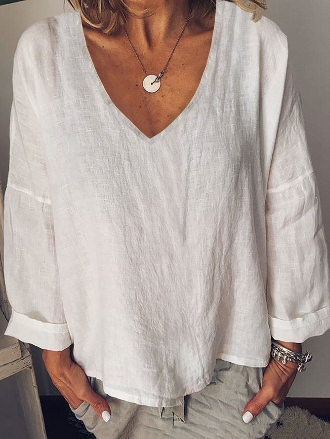 Fashion V Neck Long Sleeve Plain Loose Regular Blouse
