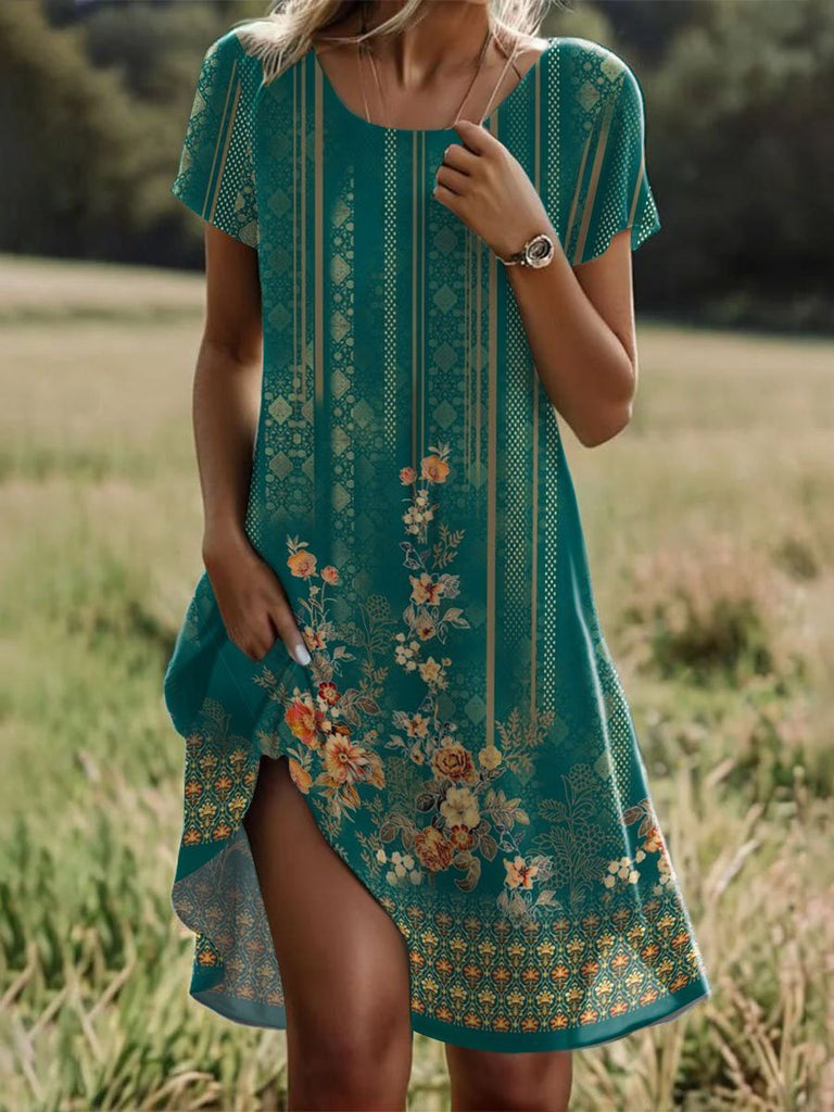 Fashion Short Sleeve Crew Neck Floral Loose Midi Dress