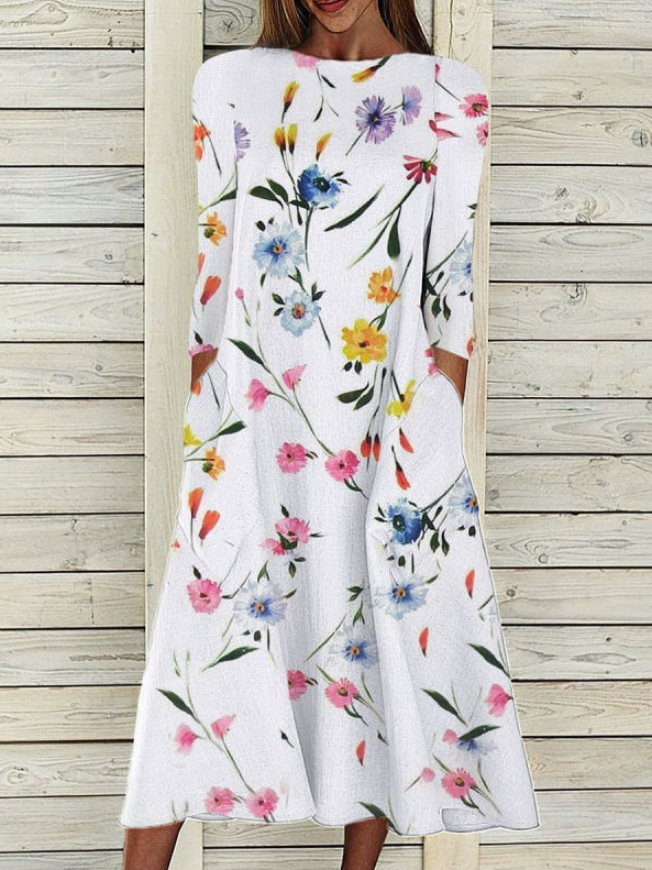 Fashion 3/4 Sleeve Crew Neck Floral Maxi Dress