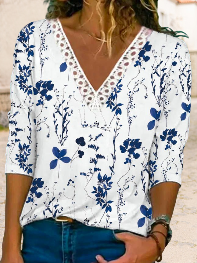 Fashion V Neck Long Sleeve Floral Pattern Regular Blouses