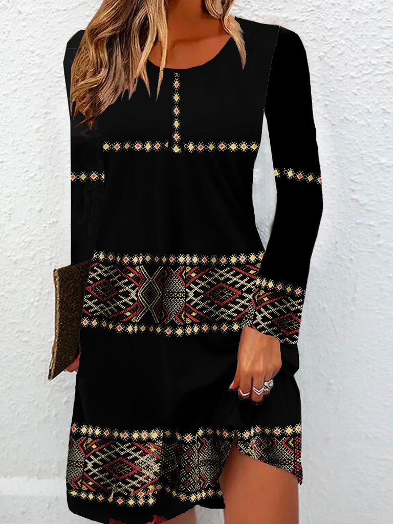 Boho Crew Neck Long Sleeve Ethnic Loose Short Dress