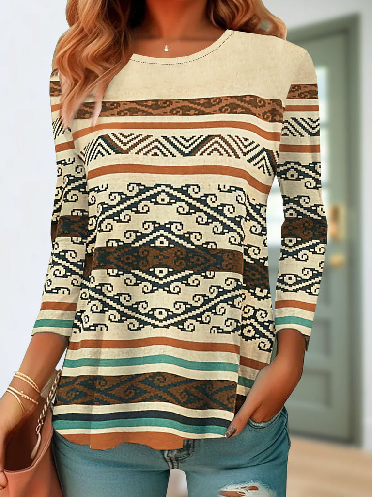 Vintage Crew Neck Long Sleeve Ethnic Loose Regular T-Shirt