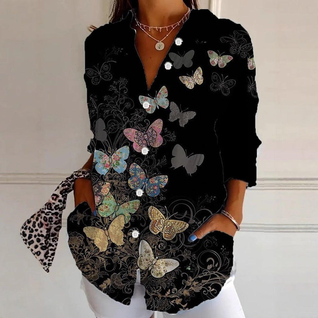 Fashion Long Sleeve Shirt Collar Butterfly Loose Regular Shirt