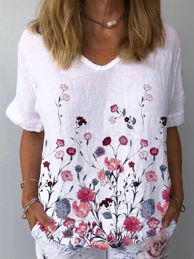 Loose V Neck Short Sleeve Floral Fashion Regular Blouse