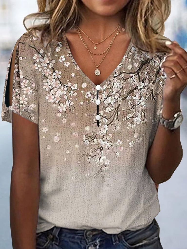 Loose V Neck Short Sleeve Floral Fashion Regular Blouse