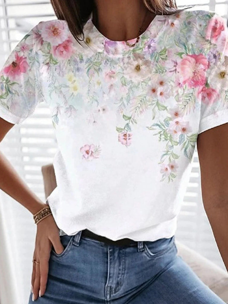 Casual Short Sleeve Crew Neck Floral Fashion Regular T-Shirt
