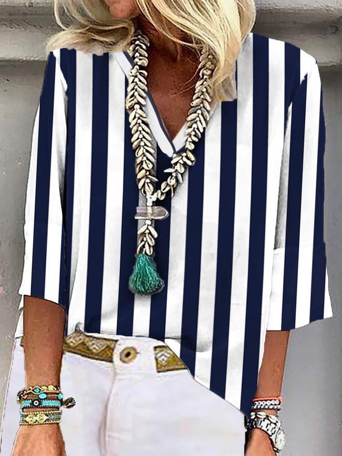 Fashion 3/4 Sleeve V Neck Striped Loose Regular Blouse