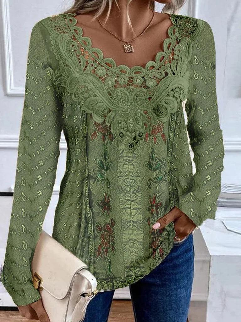 Loose Crew Neck Long Sleeve Random Print Fashion Mid-Long Blouse