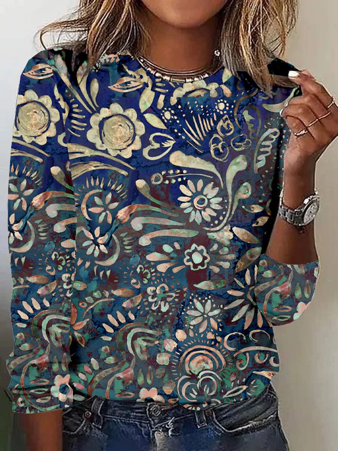 Vintage Crew Neck Long Sleeve Ethnic Floral Loose Regular T-Shirt