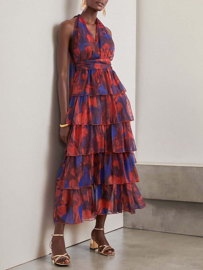 Fashion Sleeveless Halter Floral Loose Maxi Dress