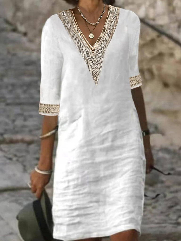 Fashion Half Sleeve V Neck Plain Loose Short Dress