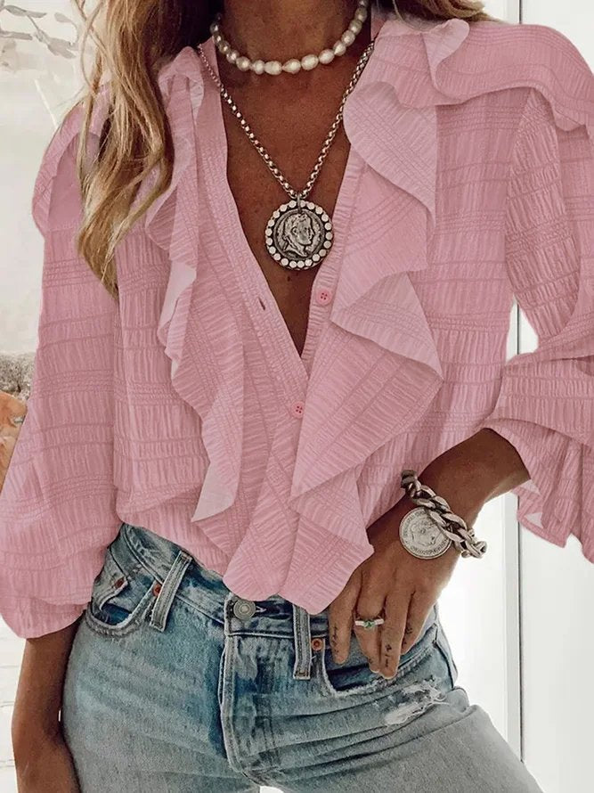 Fashion V Neck Long Sleeve Plain Loose Regular Blouse