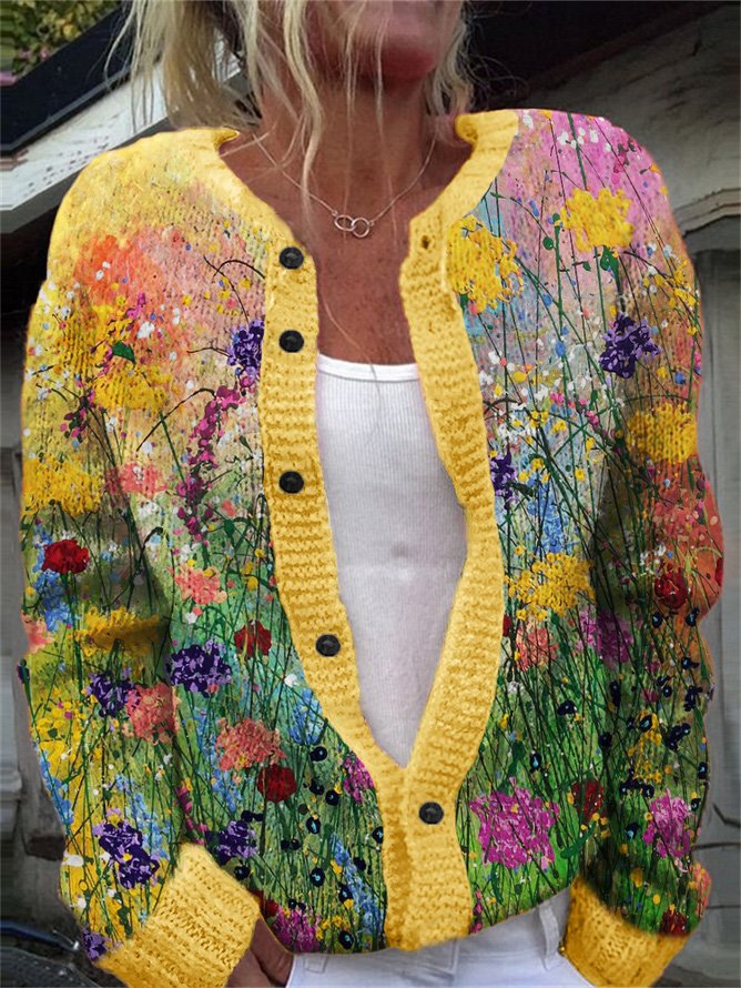 Crew Neck Long Sleeve Floral Printing Fashion Regular Cardigan