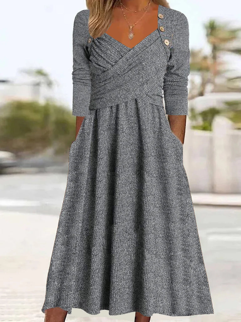 Fashion Long Sleeve Sweetheart Neckline Plain Loose Midi Dress