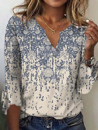 3/4 Sleeve Notched Ethnic Fashion Regular T-Shirt