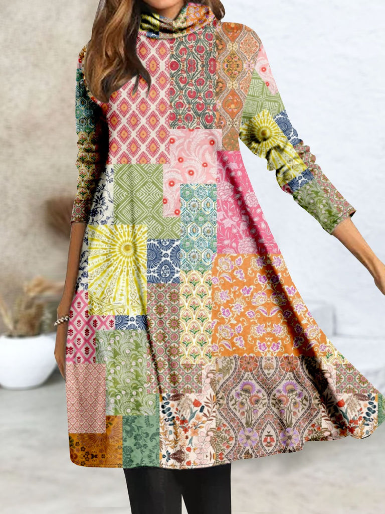 Fashion Long Sleeve Mock Neck Abstract Floral Loose Short Dress