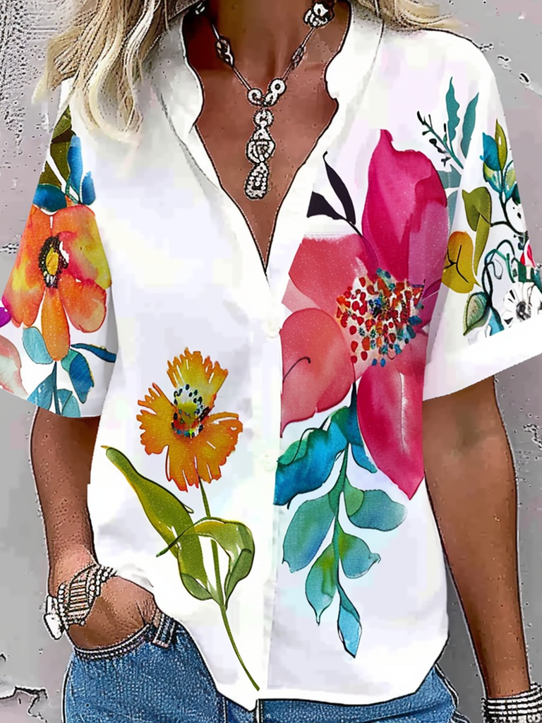 Fashion Short Sleeve Notched Floral Loose Regular Shirt