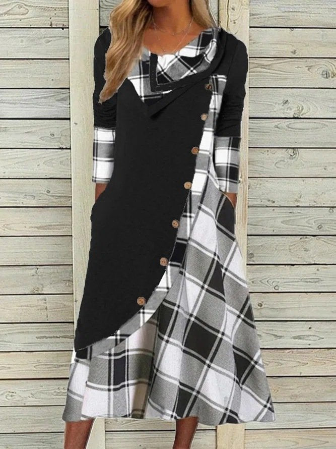 Fashion Long Sleeve Plaid Loose Midi Dress