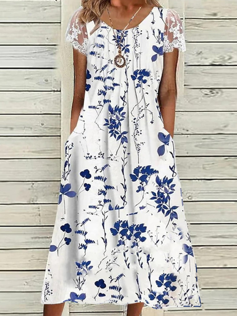 Fashion Short Sleeve Crew Neck Floral Loose Midi Dress