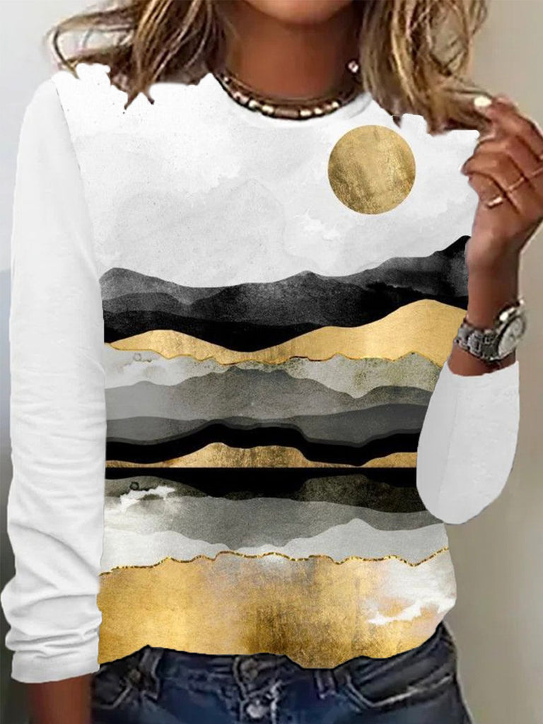 Casual Crew Neck Long Sleeve Landscape Painting Fashion Regular T-Shirt