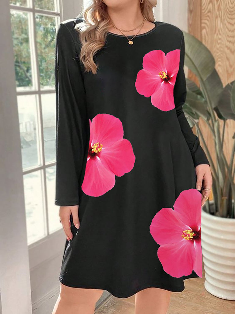 Fashion Crew Neck Long Sleeve Floral Short Dress