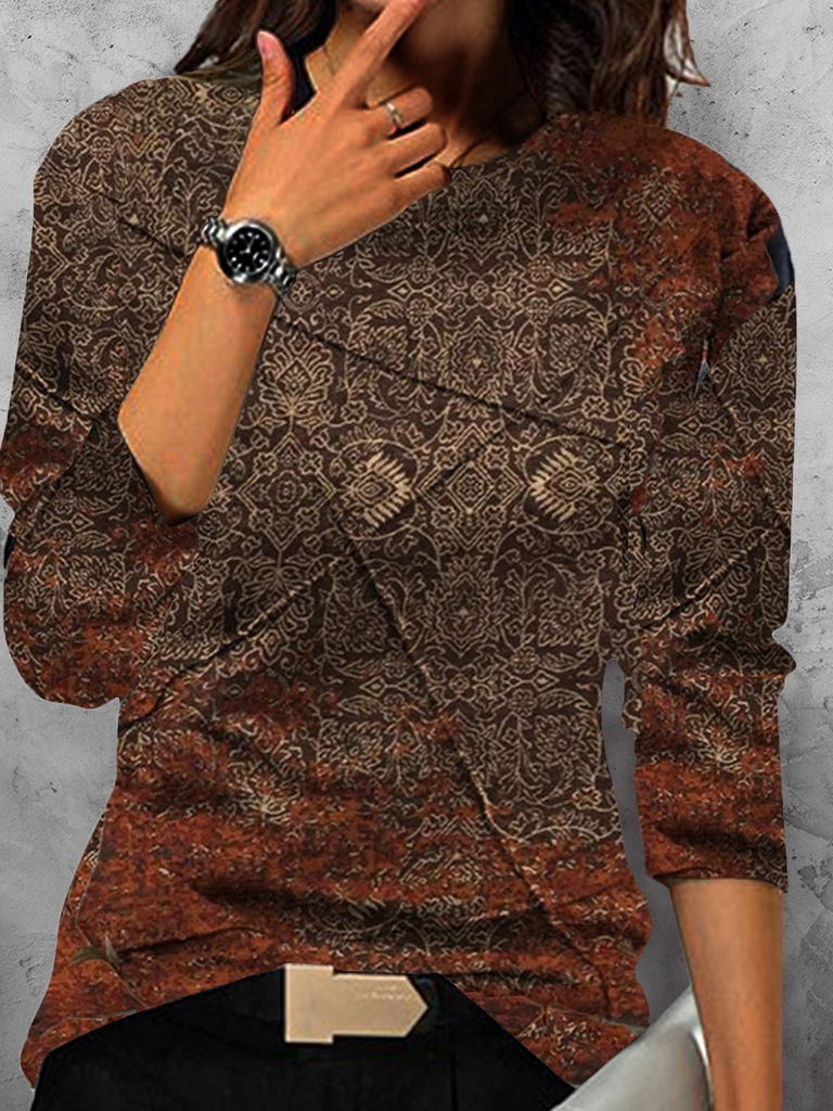 Casual Crew Neck Long Sleeve Ethnic Fashion Regular T-Shirt
