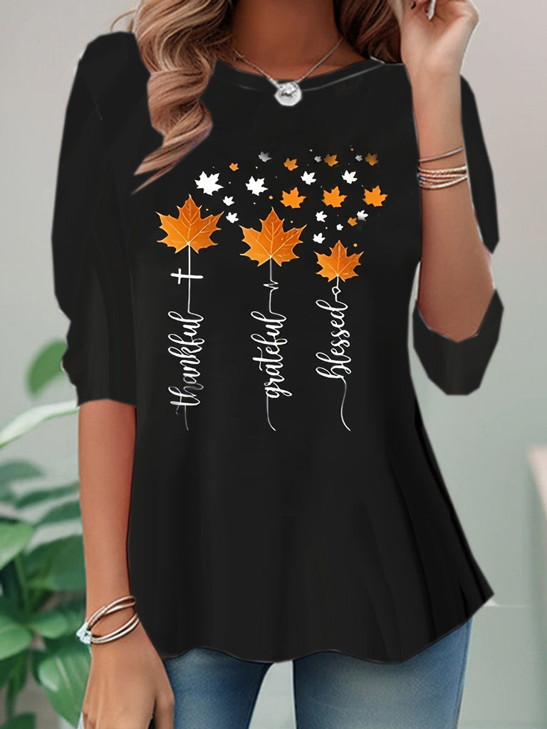 Fashion Crew Neck Long Sleeve Leaf Casual Regular T-Shirt